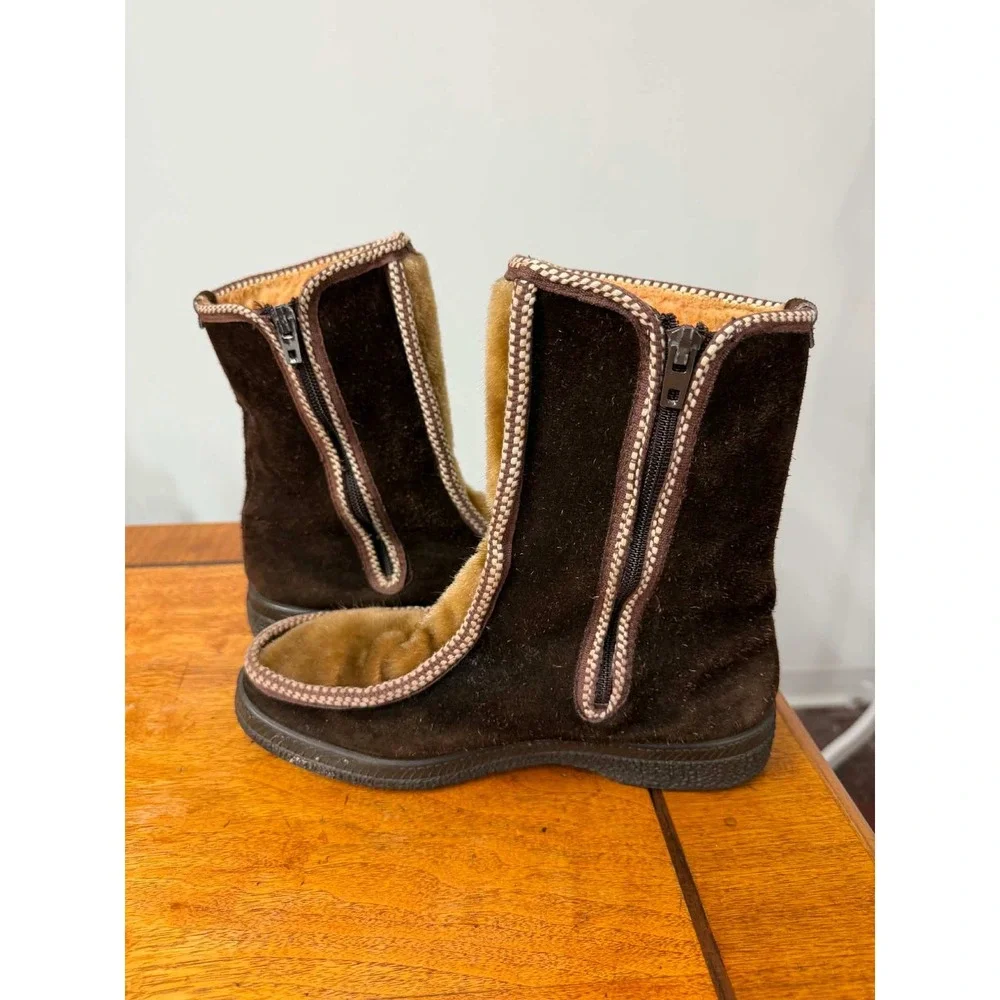 Vintage Ski-Lounger Brown Suede Faux Fur Zip Up Winter Boots Made in Italy Sz 39